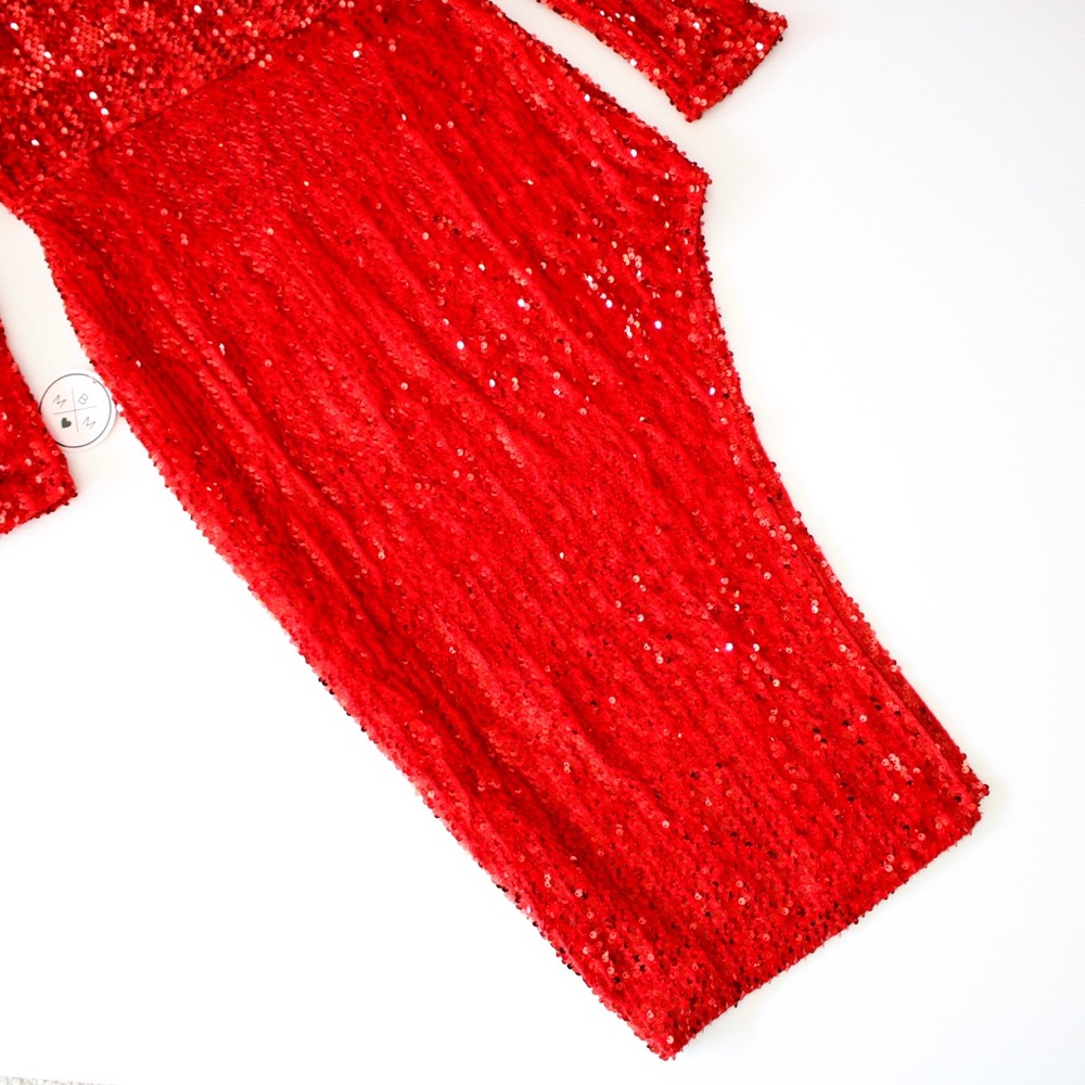 Red Deep V Long Sleeve High Slit Sequin Midi Dress - Picture 8 of 8